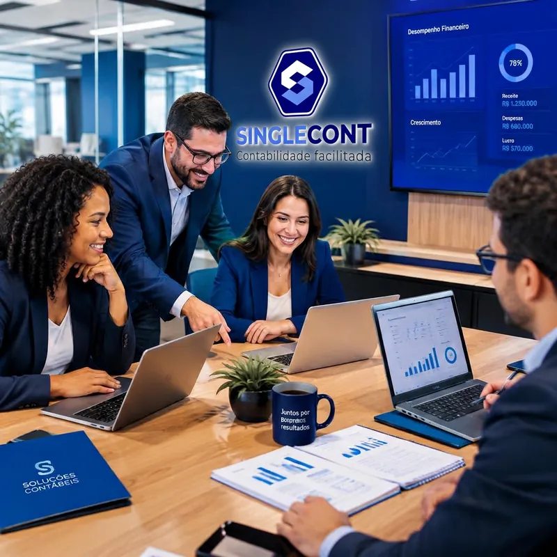 Equipe Single Cont em escritório de contabilidade com logotipo na parede